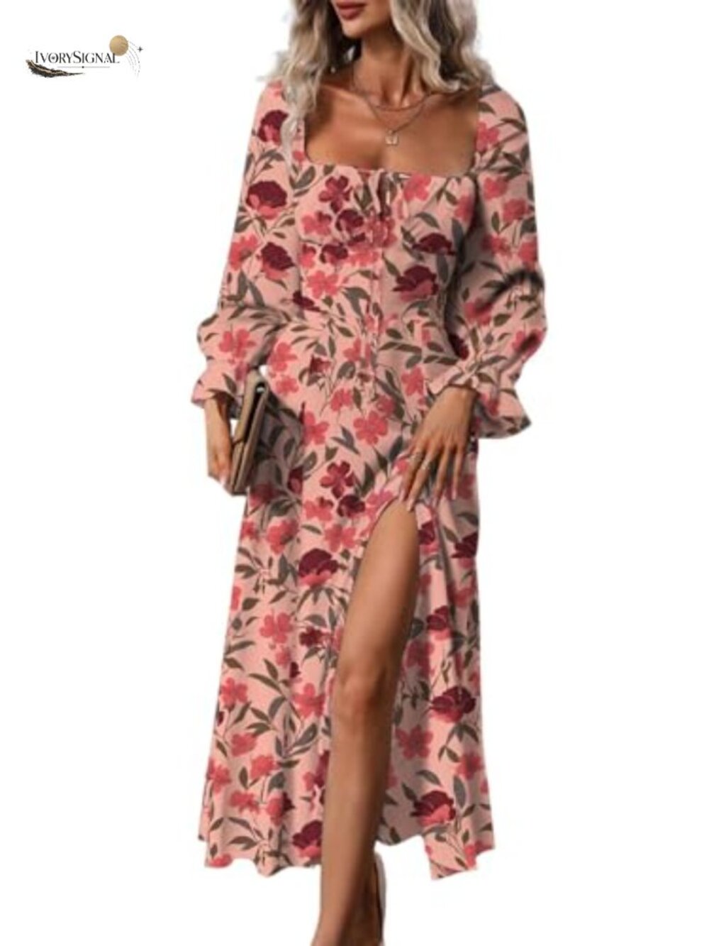 Womens Square Neck Floral Midi Dress Long Sleeve Side Slit A-Line